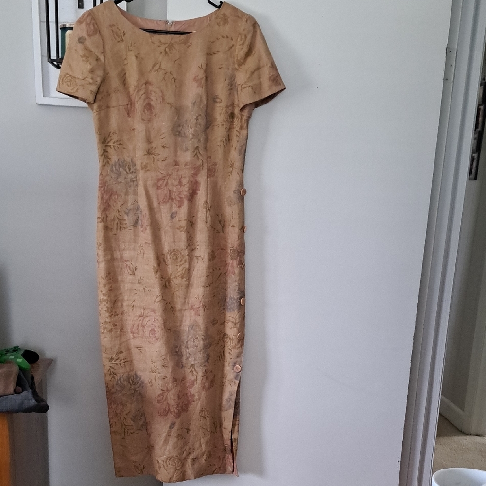 Maggy London Floral Long Sleeve Dress in Tan